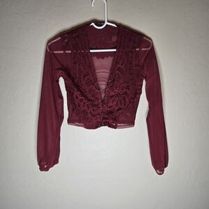 Sexy Crochet Lace Mesh Cropped Top Long Sleeve Burgandy